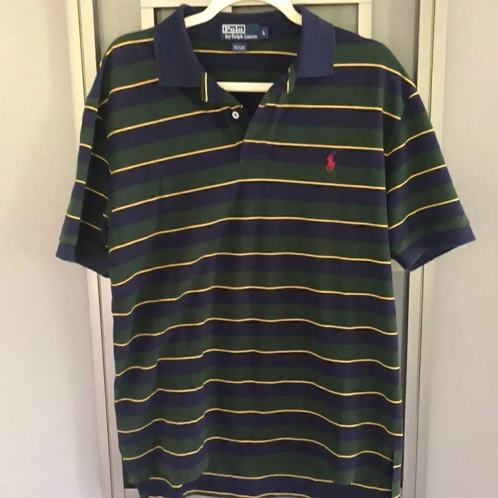 Vintage polo Ralph Lauren green and navy striped short sleeve shirt size l